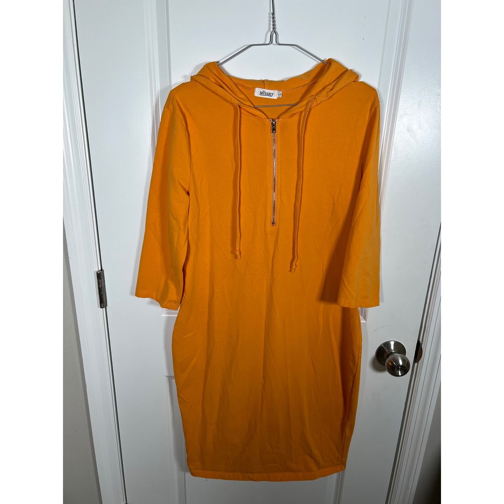 MISSKY Women Hoodie Dress Half Zip 3/4 Sleeve Pockets Orange Size Large